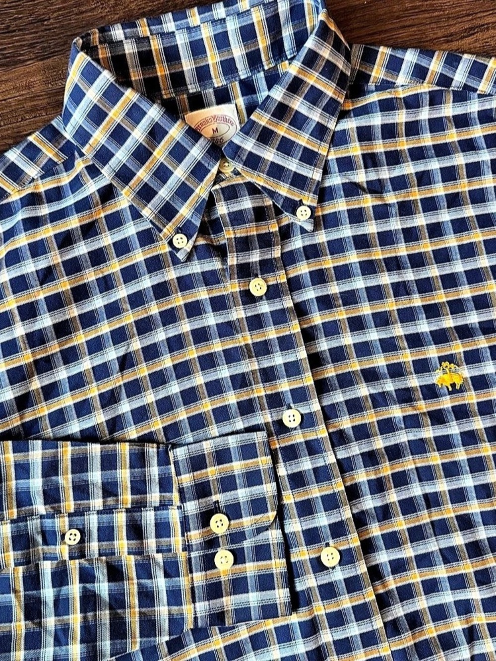 Brooks Brothers Shirt Medium The Original Plaid Non Iron Long Sleeve Blue Yellow